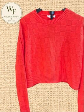 Tabitha Checkerboard Knit Sweater Medium Red Textured Crewneck